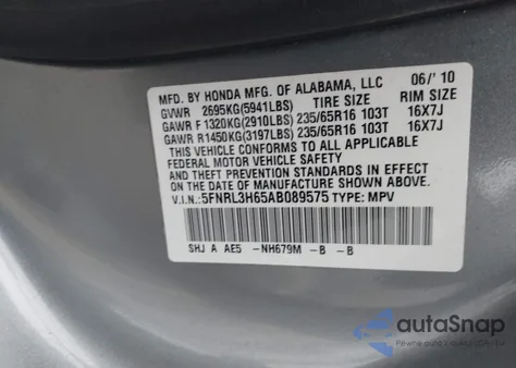 2010 Honda Odyssey Ex-L from USA, damaged, VIN 5FNRL3H65AB089575